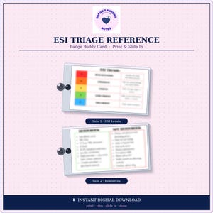 Op de afbeelding: Een badge buddy-kaart met de tekst "ESI TRIAGE REFERENCE" en "Badge Buddy Card Print & Slide In". De kaart heeft twee zijden, met de labels "Side 1: ESI Levels" en "Side 2: Resources". De kaart is een digitale download.
