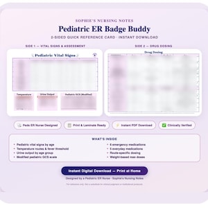 May include: A two-sided quick reference card, "Pediatric ER Badge Buddy", providing quick access to vital signs and drug dosing information. Features sections for temperature, urine output, and pediatric GCS. Designed by a pediatric ER nurse.