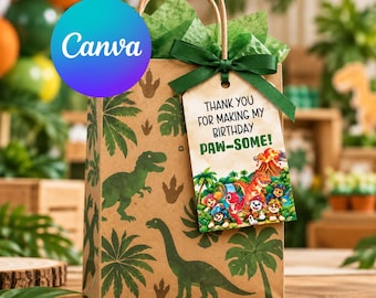 May include: A brown paper gift bag featuring a green dinosaur and palm leaf print, topped with green tissue paper and a dark green ribbon. A rectangular tag attached to the handle reads: THANK YOU FOR MAKING MY BIRTHDAY PAW-SOME! with cartoon dogs.
