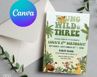 Custom Lion King 'Young Wild & Three' Birthday Invitation | Editable Template | Safari Jungle Watercolor Animals