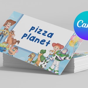 Può includere: Una pila di carte bianche con un bordo azzurro con personaggi dei cartoni animati e le parole "pizza planet". Un cerchio blu e viola con la parola "Canva" è sullo sfondo.