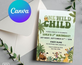 Custom Lion King 'One Wild Child' Birthday Invitation | Editable Template | Safari Jungle Watercolor Animals