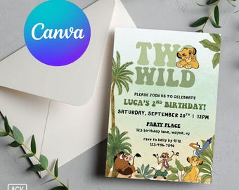 Custom Lion King 'Two Wild' Birthday Invitation | Editable Template | Safari Jungle Watercolor Animals