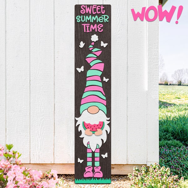 Sweet Summer Time SVG, Porch Board Cut File, Gnome with Watermelon DXF, Layered Welcome Sign