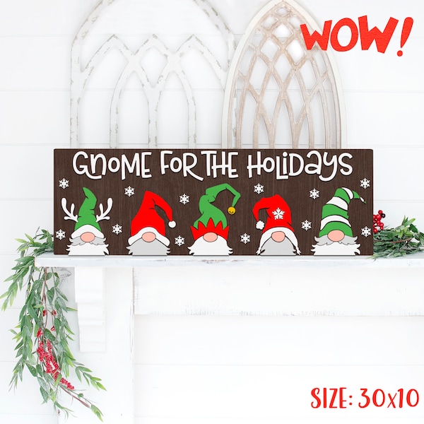 Gnome for the Holidays SVG, Horizontal Sign Cut File, Xmas Gnomes Silhouettes, Christmas Porch Board DXF, Winter Decor