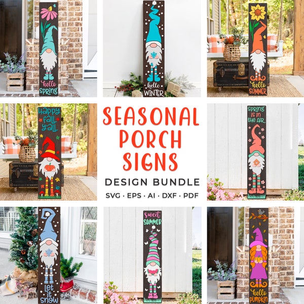 Seasonal Vertical Porch Signs SVG Bundle for the Whole Year, Layered Leaner Cut File, Gnome Silhouettes for Fall, Winter, Spring and Summer