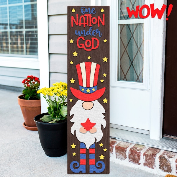 One Nation Under God SVG, Independence Day Porch Sign Cut File, Layered Summer Sitter, Silhouette of a Gnome with a Star, Patriotic Leaner