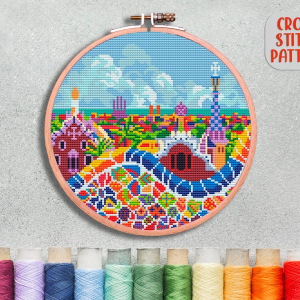 Park Guell Cross Stitch, Spain PDF Pattern, Barcelona Xstitch, Europe Embroidery