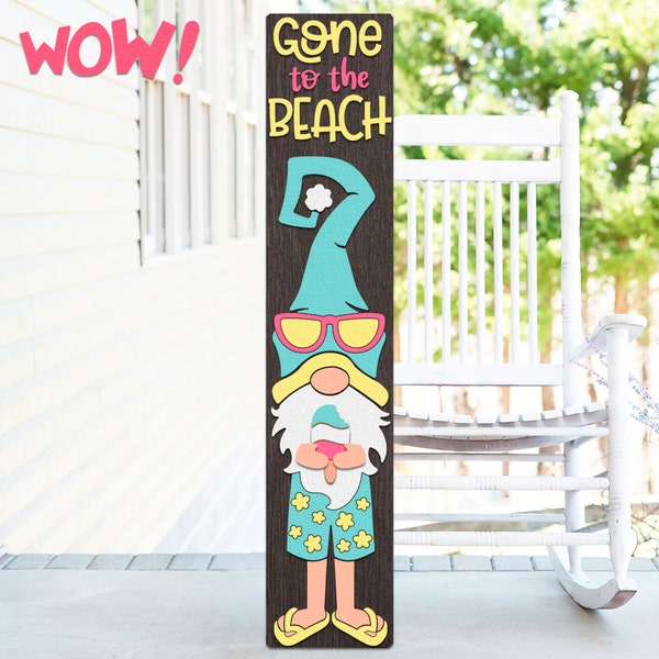 Gone To The Beach SVG, Porch Board Cut File, Silhouette of a Gnome with a Ice Cream, Layered Welcome Leaner DXF, Beach Sitter Design