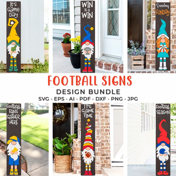 Football Signs for Porch SVG Bundle, Silhouette of a Gnome Fan, Layered Fall Leaner DXF, Football Vertical Plank Cut File