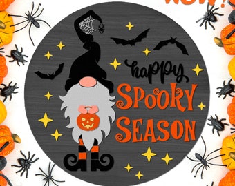 Happy Spooky Season SVG, Layered Round Hanger Cut File, Gnome Witch Silhouette, Halloween Door Sign DXF, Seasonal Decor, Fall Design