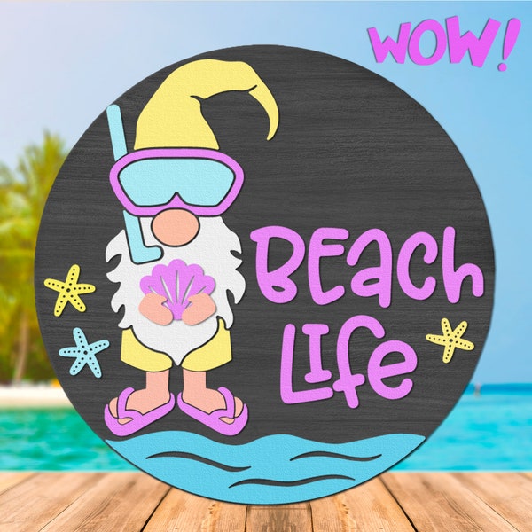 Beach Life SVG, Layered Door Sign Cut File, Silhouette of a Gnome with a Seashell, Summer Round Hanger, Beach Theme Design
