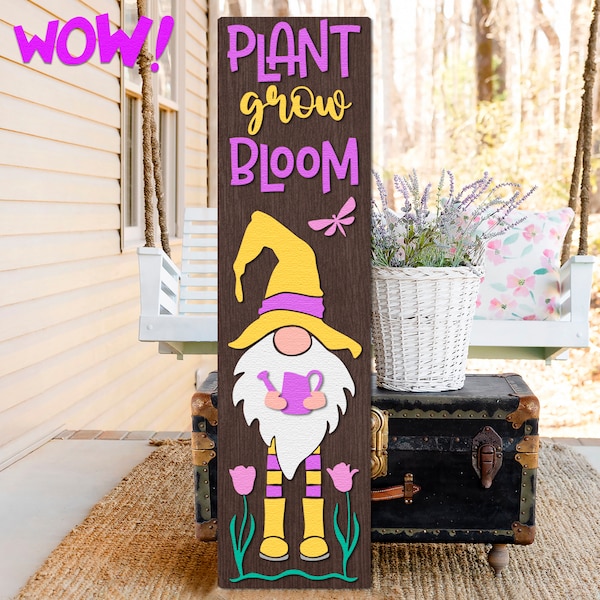 Plant Grow Bloom SVG, Garden Porch Sign DXF, Layered Spring Leaner Cut File, Seasonal Decor, Silhouette of a Gnome with a Watering Can