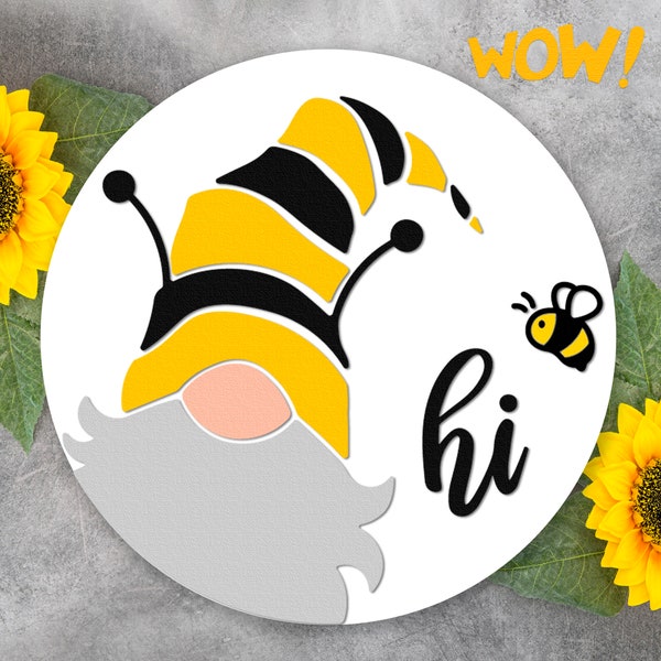 Gnome Hi SVG, Round Hanger Cut File, Summer Door Sign DXF, Silhouette of a Gnome with a Bee