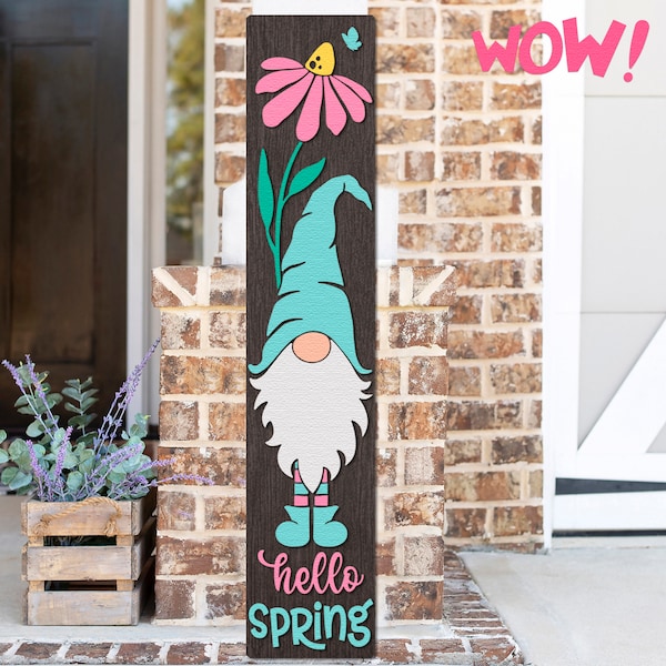 Hello Spring SVG, Layered Porch Sign Cut File, Silhouette of a Gnome with a Flower, Vertical Leaner DXF, Seasonal Decor