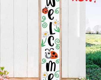 Lady Bug Welcome SVG, Porch Sign Cut File, Daisy Silhouettes with Ladybugs, Layered Summer Leaner DXF, Floral Sitter Design