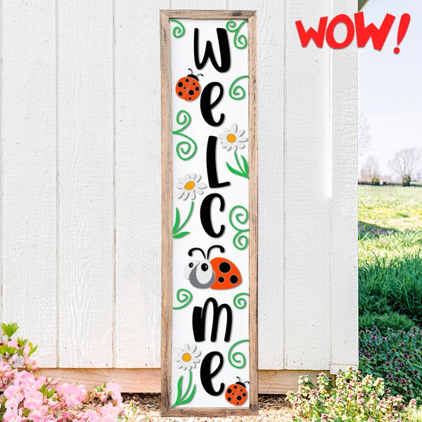 Lady Bug Welcome SVG, Porch Sign Cut File, Daisy Silhouettes with Ladybugs, Layered Summer Leaner DXF, Floral Sitter Design