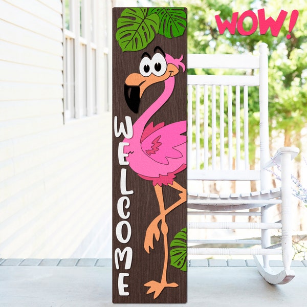 Flamingo Willkommen SVG, geschichtete Veranda Zeichen geschnitten Datei, Sommer Dekor DXF, lustige Flamingo-Silhouette