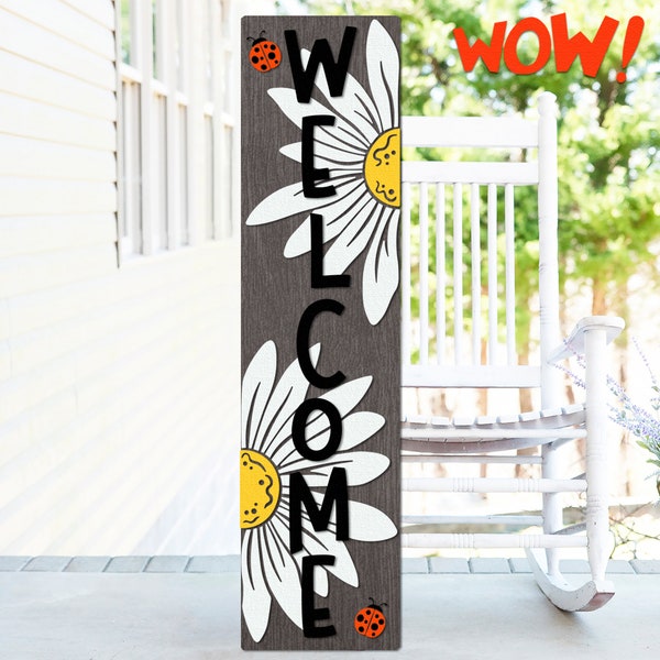Daisy Welcome SVG, Porch Sign Cut File, Daisy with a Ladybugs Silhouette, Layered Summer Leaner DXF, Floral Leaner Design