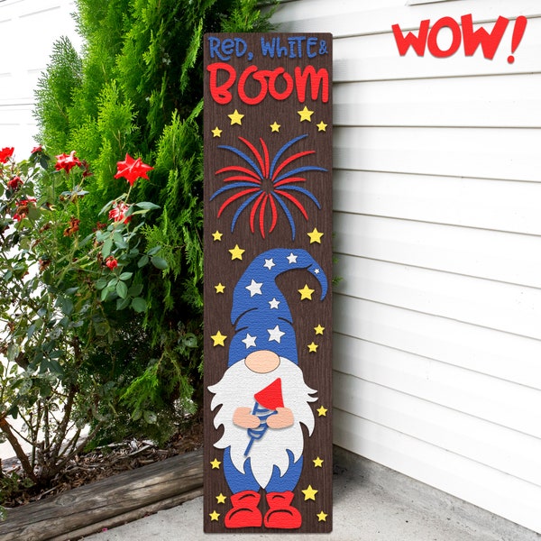 Red, White and Boom SVG, Independence Day Porch Sign Cut File, Layered Sitter DXF, Silhouette of a Gnome with a Firework, Patriotic Leaner