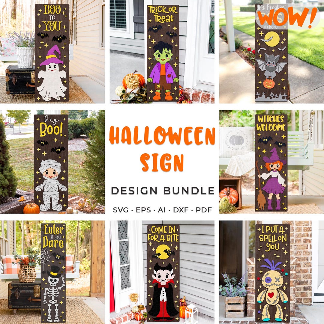 Halloween Porch Sign SVG Bundle, Spooky Leaner Cut File, Includes ...