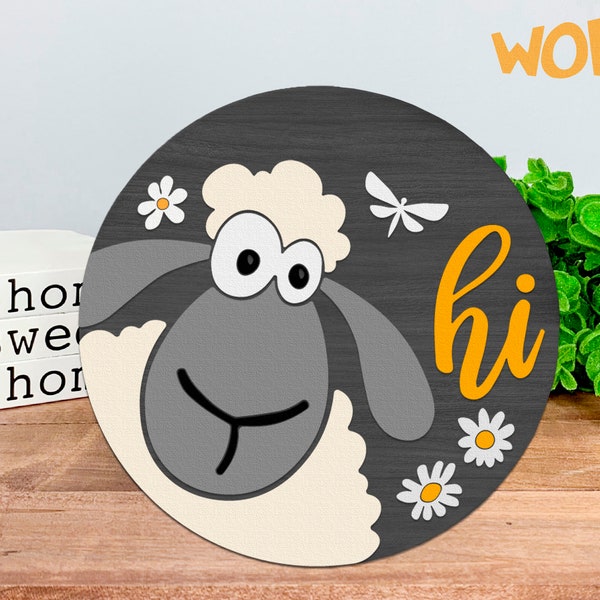 Sheep Hi SVG, Farm Round Hanger Cut File, Farmhouse DXF, Layered Door Sign, Funny Sheep Silhouette