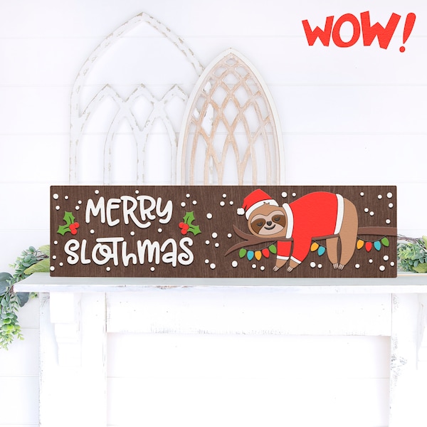 Merry Slothmas SVG, Layered Horizontal Sign Cut File, Xmas Scene DXF, Silhouette of a Christmas Sloth, Winter Decor, Holiday Design