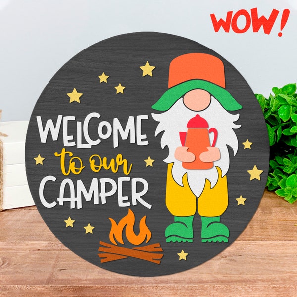 Welcome to our Camper SVG, Layered Round Hanger Cut File, Summer Door Sign DXF, Silhouette of a Gnome with a Campfire, Forest Theme Design