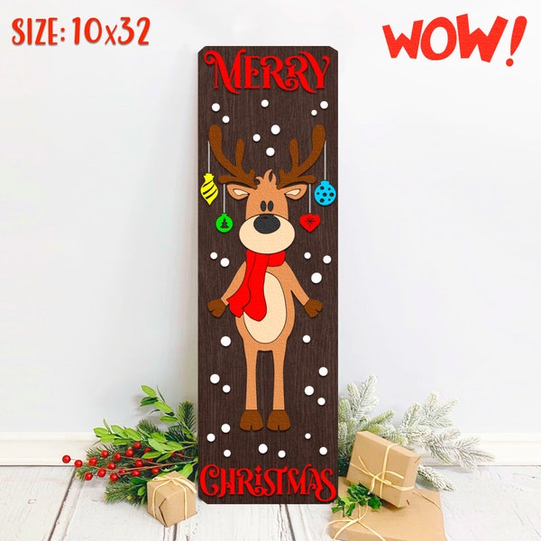 Reindeer Sign SVG, Layered Porch Sign Cut File, Reindeer With Baubles Silhouette, Christmas Tall Board DXF, Winter Decor, Size 10x32