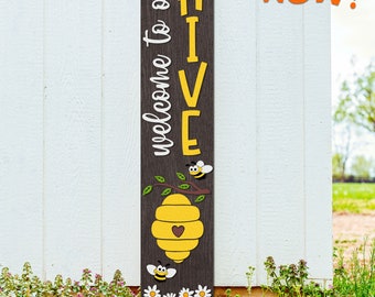 Welcome to Our Hive SVG, Layered Porch Sign Cut File, Summer Decor DXF, Funny Bee Silhouette, Farm Porch Board