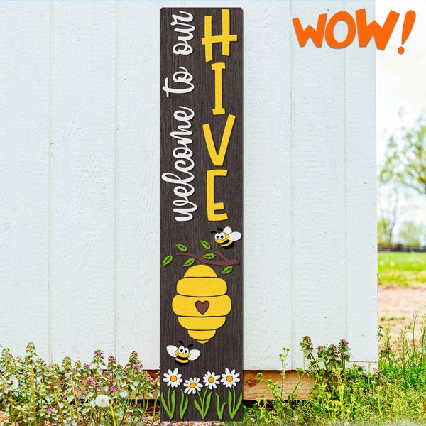 Welcome to Our Hive SVG, Layered Porch Sign Cut File, Summer Decor DXF, Funny Bee Silhouette, Farm Porch Board