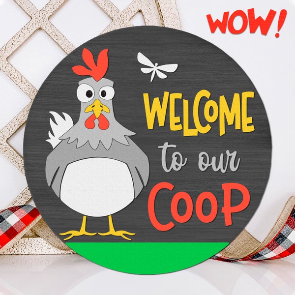 Bienvenido a nuestra cooperativa SVG, archivo de corte de percha redonda de granja, DXF de granja, letrero de puerta en capas, silueta de pollo loco