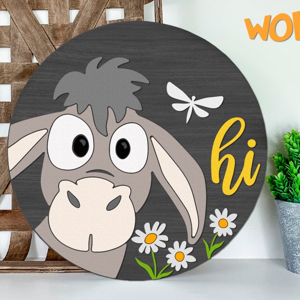 Donkey Hi SVG, Peeking Mule DXF, Door Sign Cut File, Layered Round Hanger, Crazy Donkey Silhouette, Farm Animal Decor