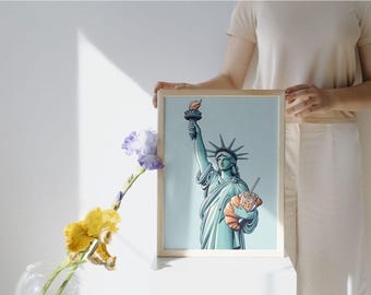 Nostalgic Statue of Liberty Print: Iced Coffee & Croissant Wall Art for Home Decor, Vintage NYC Inspired Decor