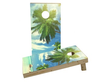 Palm Tree Over Beach Themed Custom Cornhole Board Game Set