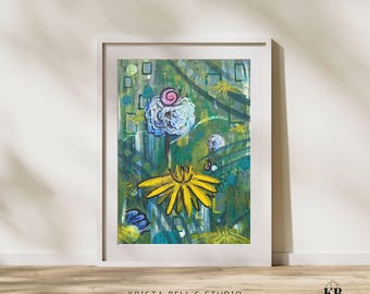 Dandelion Flower Art Print: Abstract Green Floral Wall Decor