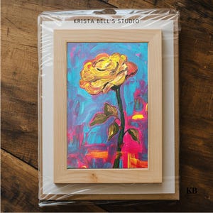 Stampa artistica di una rosa gialla neon, opera d'arte floreale dell'amicizia dorata, dipinto floreale sulla relazione, regalo premuroso