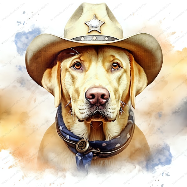 Yeehaw! Sheriff Yellow Labrador Retriever in a Cowboy Hat Digital Watercolor Painting