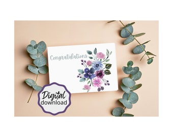 Printable Congratulations Card- 5x7 Digital Download CONGRATULATIONS, Floral Card