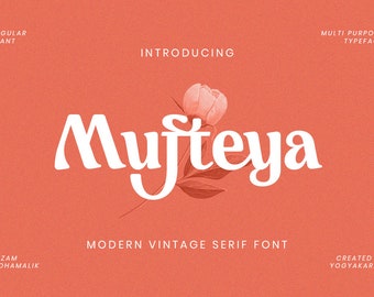 Op de afbeelding: Koraalrood grafisch ontwerp met het woord "Mujteya" in een witte, moderne vintage serif lettertype. Het ontwerp bevat een bloemenillustratie en de tekst "Introducing", "Modern Vintage Serif Font" en "Multi Purpose Typeface".