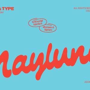 May include: A graphic design featuring the word "Mayluna" in bold, red script against a light blue background. The design includes text elements such as "ZARMA TYPE" and "bold script typeface". The design is by Azzam Ridhamalik.