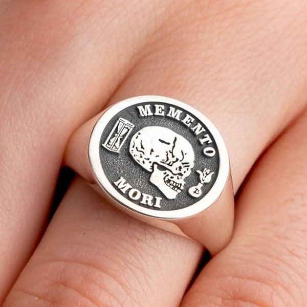 Memento  Mori Signet Ring, Custom Ring, Silver Memento Mori Ring, Personalized Gold Ring, Coat of Arms Ring, For Men and Women