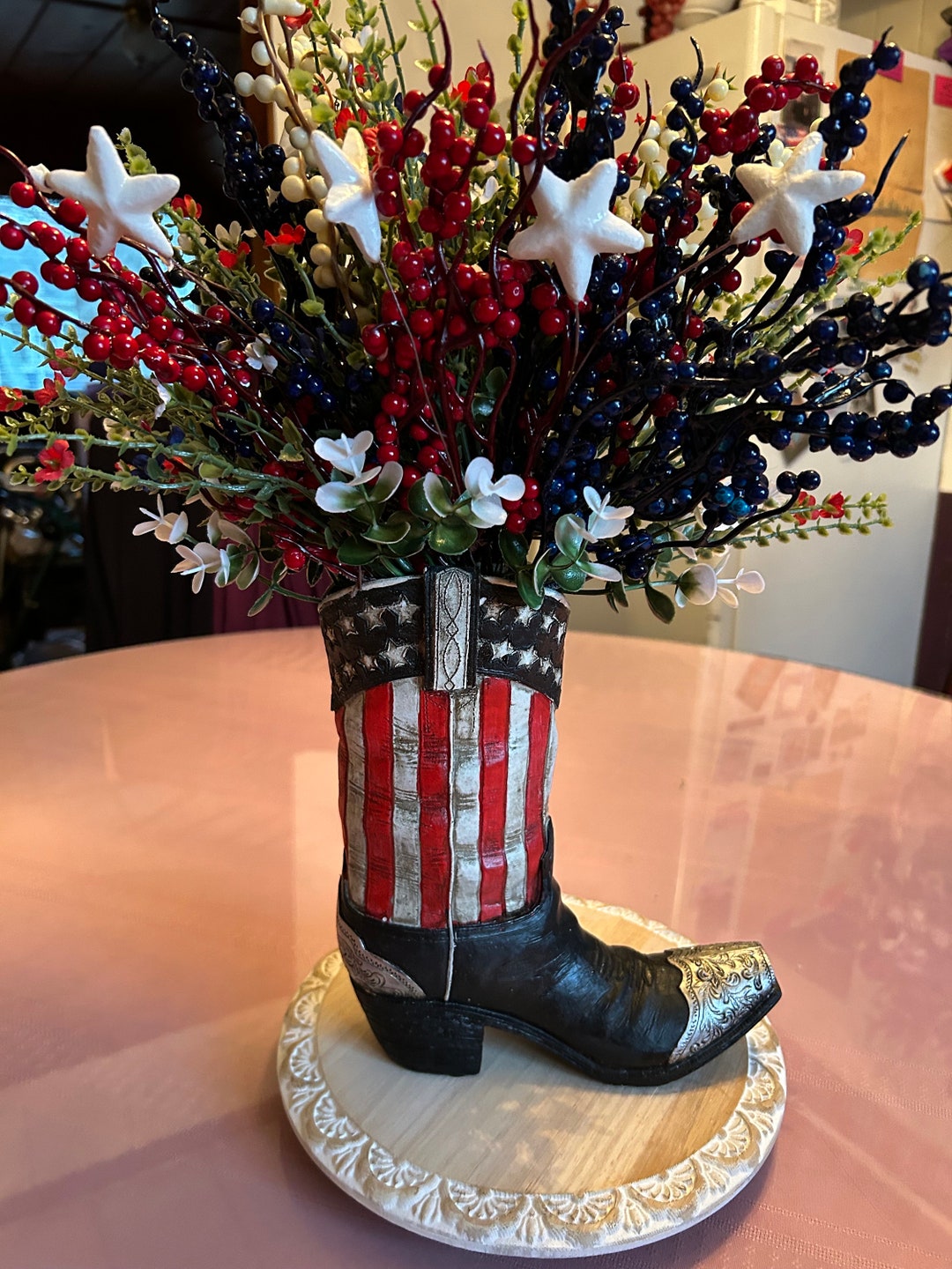 Patriotic Cowboy Boot, Table Arrangement, Red White & Blue Arrangement ...