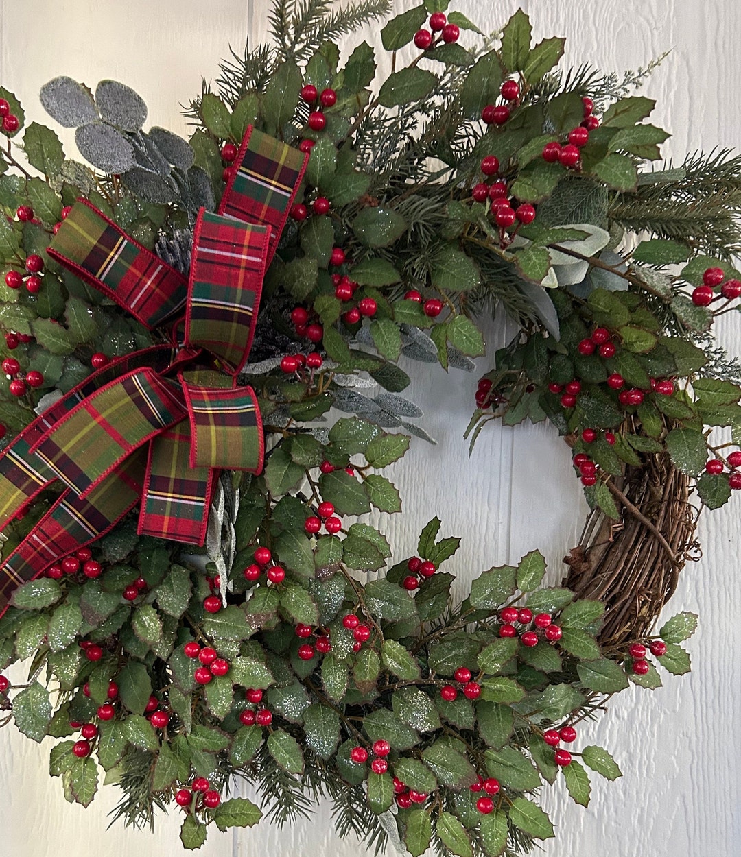 Winter Holiday Holly Berry Grapevine Wreath, Designer Ribbon and ...