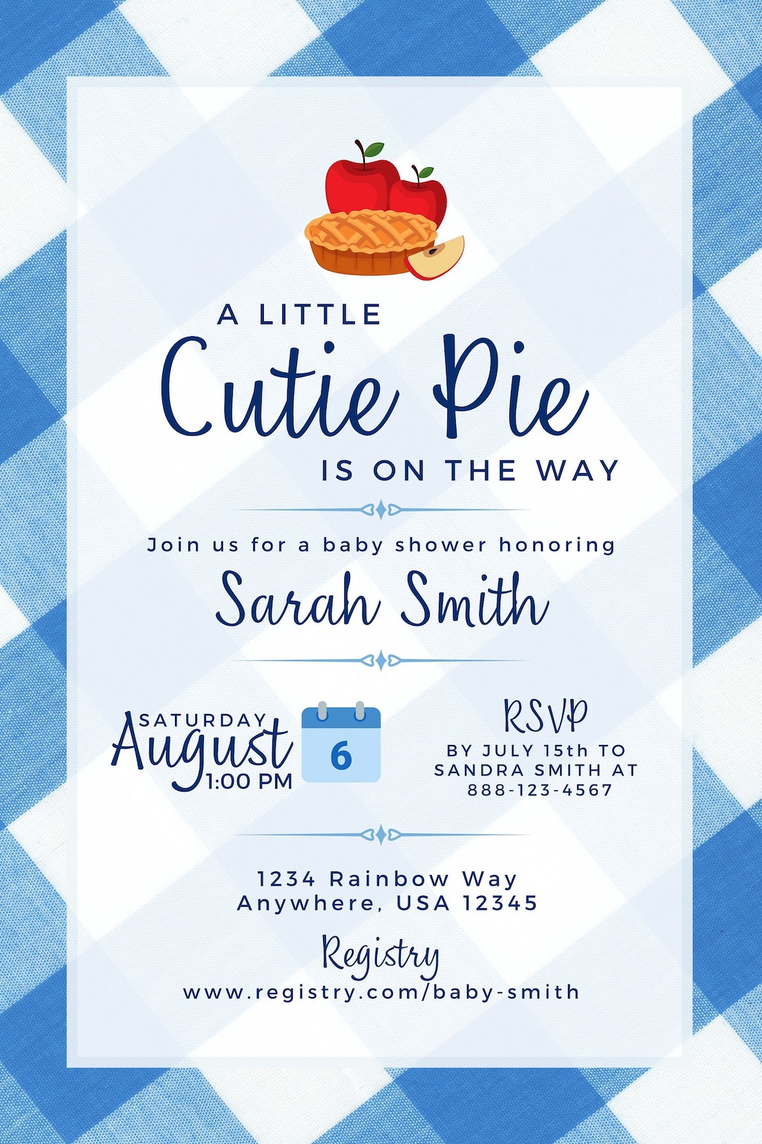 Custom Baby Shower Invitation Cutie Pie apple Pie, Gingham, Picnic Theme Etsy