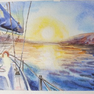 Yacht View Sea Boat Sun Rise Marina Watercolour Hand Made
