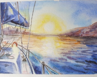 Yate Vista Mar Barco Amanecer Marina Acuarela Hecho a Mano