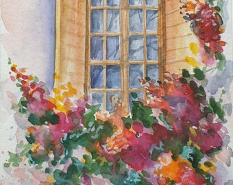 Pintura de acuarela de ventana floral