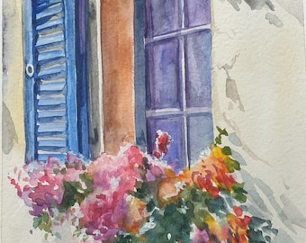 Flores de España en la ventana, acuarela