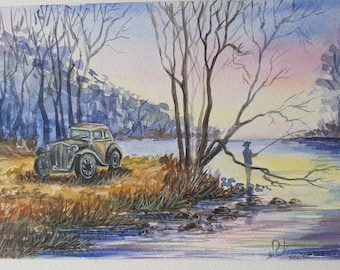 Mañana en el lago Coche cerca del lago